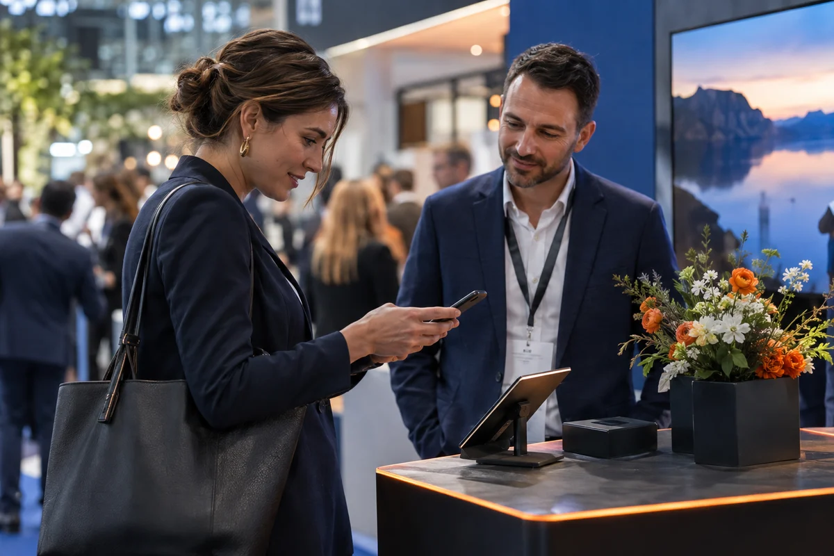 A conference visitor using a smartphone during a conversation with an exhibitor