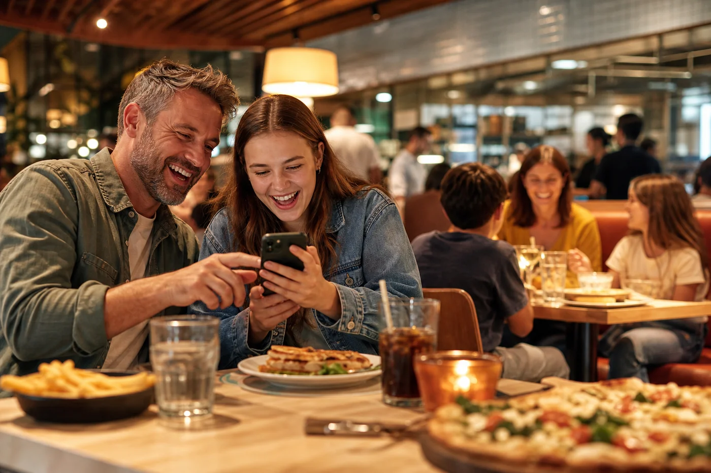 Campaign concept showing two restaurant guests sharing a game on a smartphone